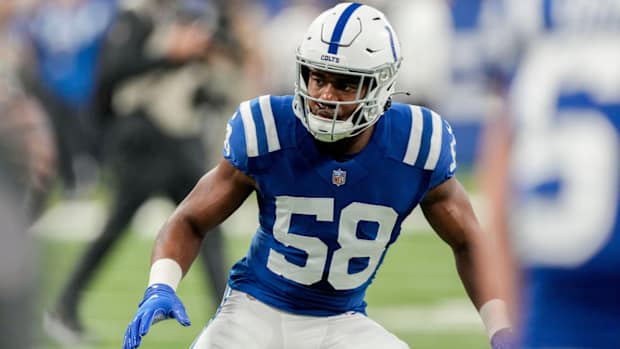 Indianapolis Colts linebacker Bobby Okereke (58) warms up Sunday, Jan. 8, 2023, before a game against the Houston Texans at Lucas Oil Stadium in Indianapolis.